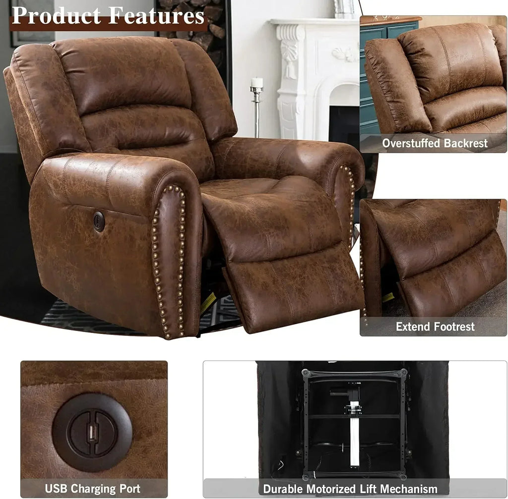 Fauteuil de relaxation électrique en cuir avec prise USB – Fauteuil inclinable simple classique pour salon et salle de bain (Nussbraun) 