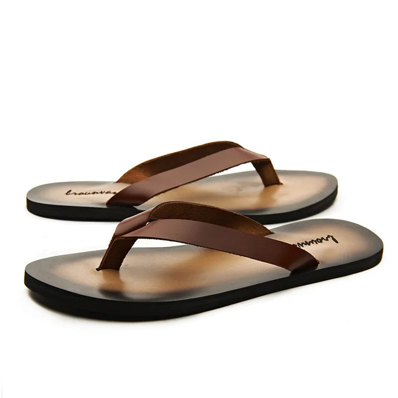 ZXQ Herren Luxus Leder Flip-Flops – Echtes Rindsleder, Sommer Beach Sandalen, Stilvolle Casual Slipper für Männer