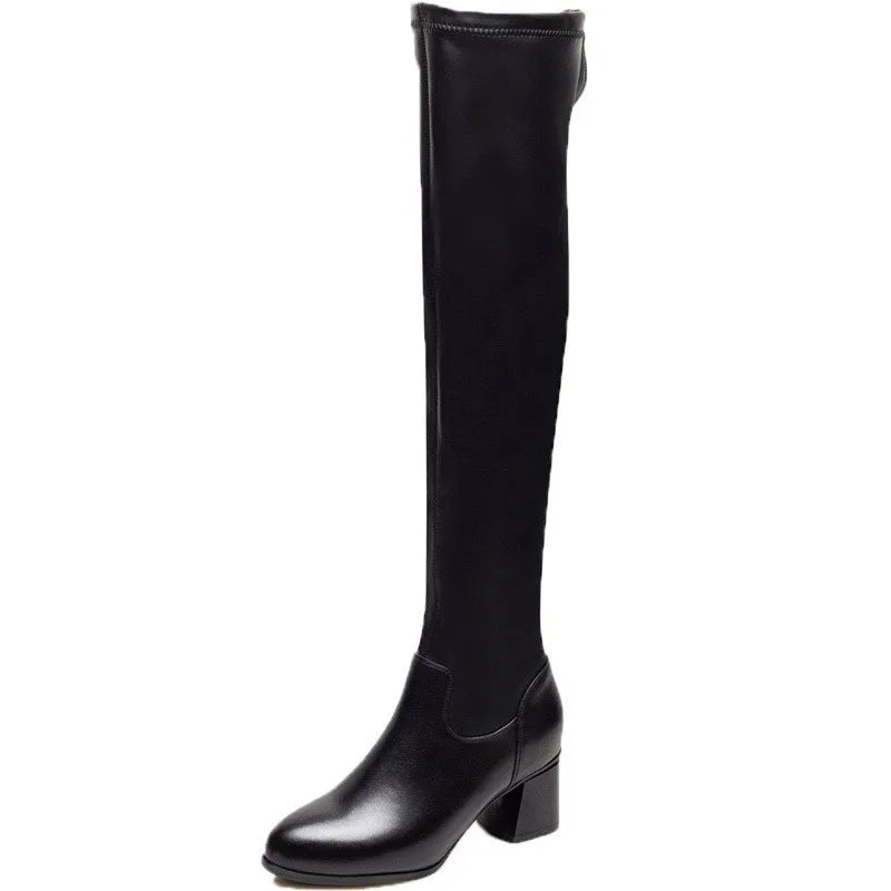Damen Overknee Stiefel aus Lederoptik – Elastische Slip-On Langstiefel mit Plüschfutter & Blockabsatz für Herbst & Winter