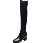 Damen Overknee Stiefel aus Lederoptik – Elastische Slip-On Langstiefel mit Plüschfutter & Blockabsatz für Herbst & Winter