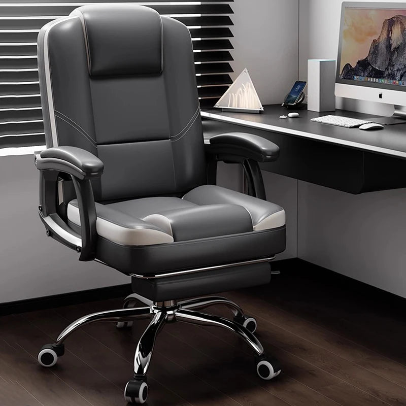 Ergonomischer Bürostuhl aus Leder mit Fußstütze – Drehbarer Office Chair mit Rückenstütze, Rollen & Liegefunktion für Büro & Homeoffice