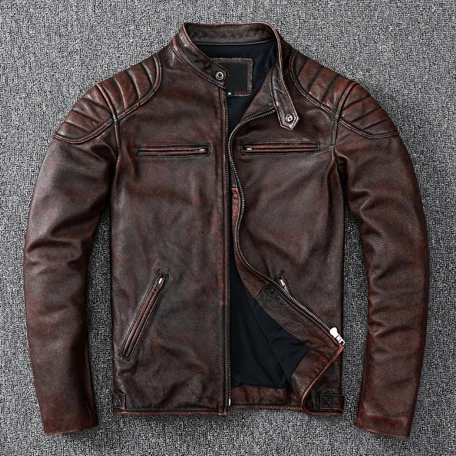 Herren Lederjacke aus 100 % Rindsleder – Biker Motorradjacke mit Stehkragen, Cashmere-Futter & Reißverschluss, Herbst & Winter (Plus Size)