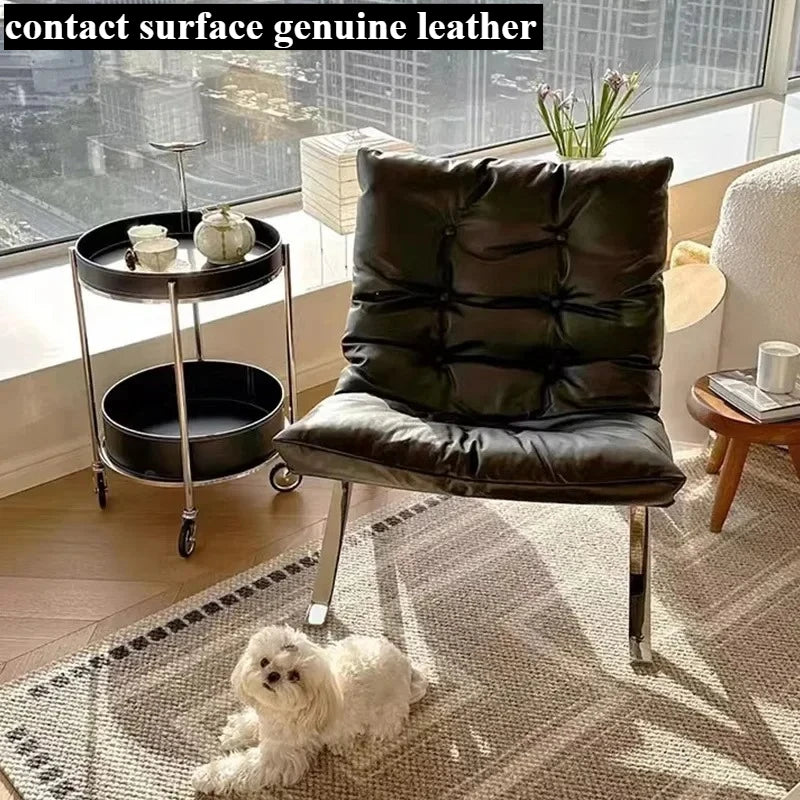 Nordischer Luxus Lounge Chair aus Echtleder – Designer Einzelsessel mit Edelstahlgestell &amp; Armlehnen für Wohnzimmer &amp; Schlafzimmer 
