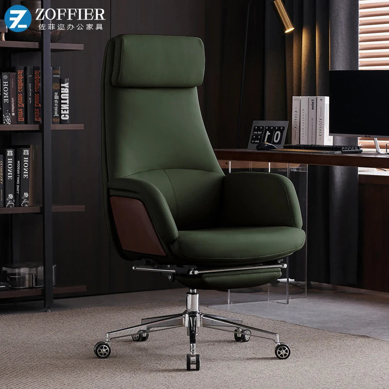 Ergonomischer Bürostuhl aus Rindsleder – Schwarzer Executive Drehstuhl mit Liegefunktion, Fußstütze & Armlehnen