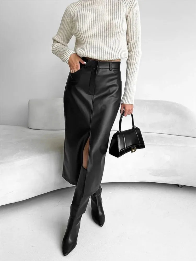 Damen PU Leder Midirock Schwarz – High Waist Rock mit Frontschlitz, eleganter Office- & Alltagsrock in Lederoptik für Herbst