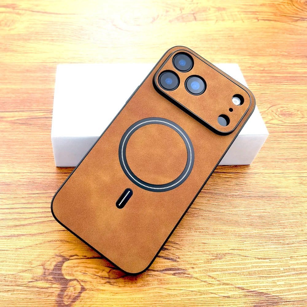 Lujosa funda retro de piel sintética con MagSafe para iPhone 11-17 Air y Pro Max, funda completa con carga inalámbrica