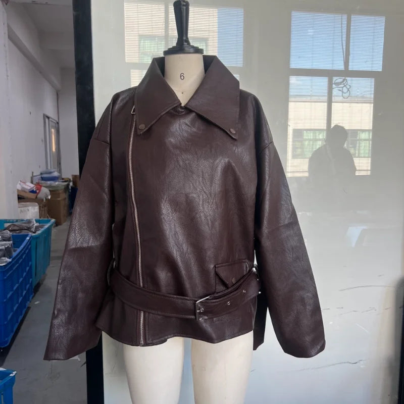 Vintage Damen Lederjacke Kurz – Lässige Highstreet Jacke mit Reißverschluss, Kapuze & Schnürdetails für Herbst & Winter