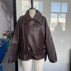 Vintage Damen Lederjacke Kurz – Lässige Highstreet Jacke mit Reißverschluss, Kapuze & Schnürdetails für Herbst & Winter