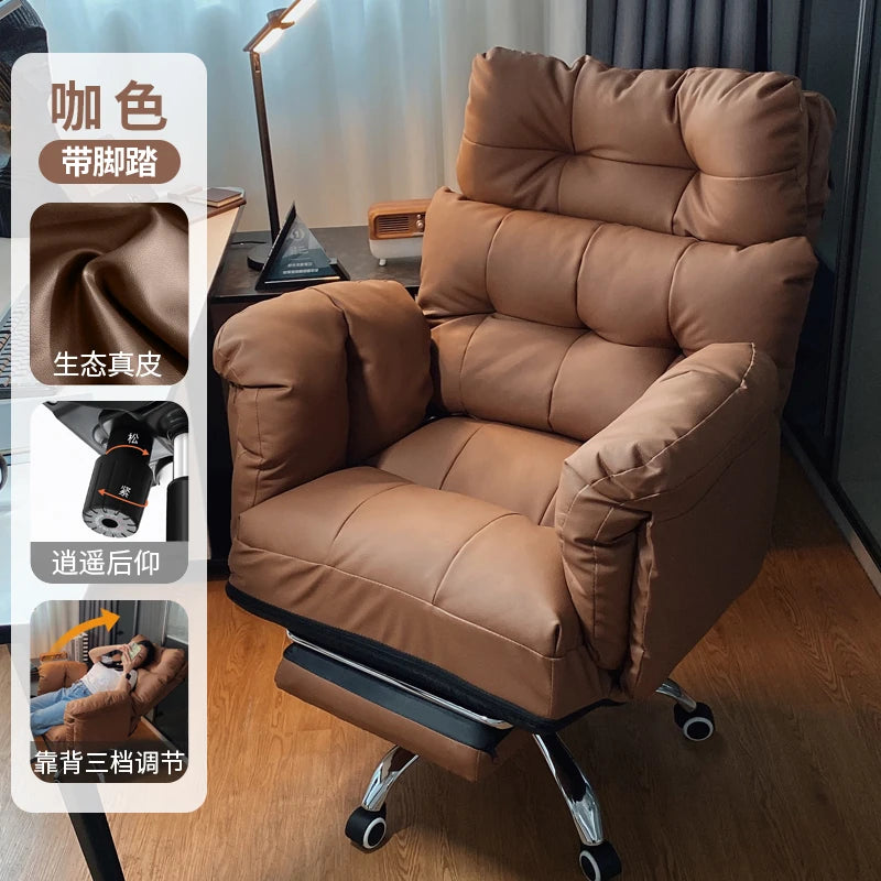 Ergonomischer Relax-Bürostuhl aus Echtleder mit Fußstütze – Verstellbarer Lazy Office Chair mit Liegefunktion, Rollen & Drehmechanik für Homeoffice & Schlafzimmer