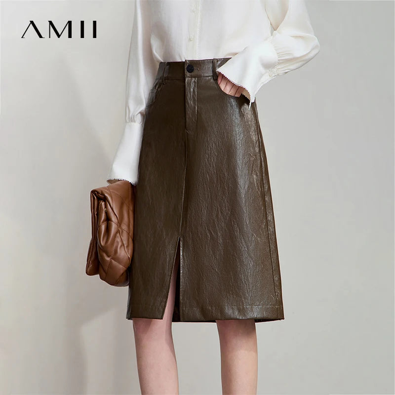AMII Damen PU Leder Rock – Minimalistischer Knie­langer Business-Rock im American Retro Stil, eleganter Office-Rock Herbst/Winter 2025