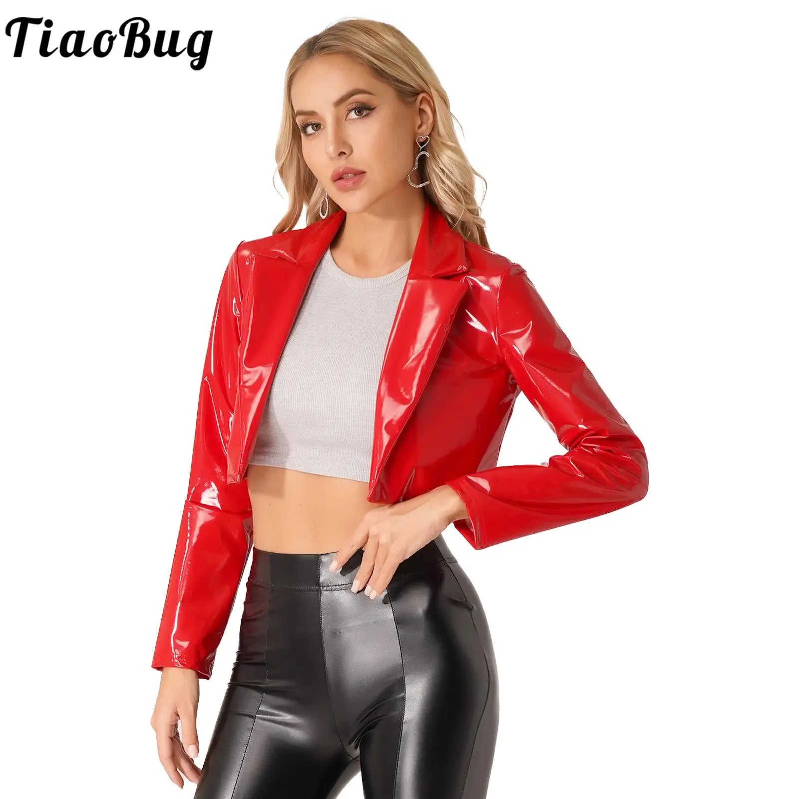 Damen Glänzende Wetlook Lederjacke – Kurze Patentleder Blazerjacke mit Revers, Slim Fit Clubwear für Party & Rave