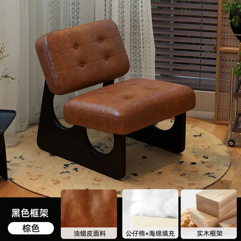 Massivholz Einzelsessel im asiatisch-nordischen Stil – Retro Akzentstuhl mit Öl-Wachs-Leder-Optik für entspanntes Wohnen