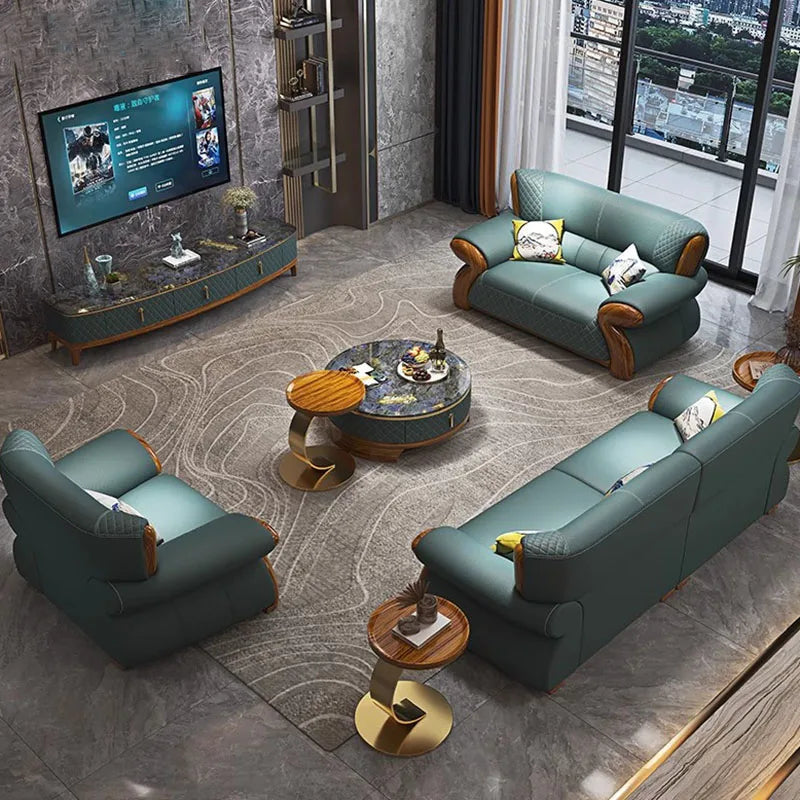 Nordisches Leder-Ecksofa im minimalistischen Design – Modulares L-/U-Form Lounge-Sofa aus Echtleder mit Massivholzfüßen