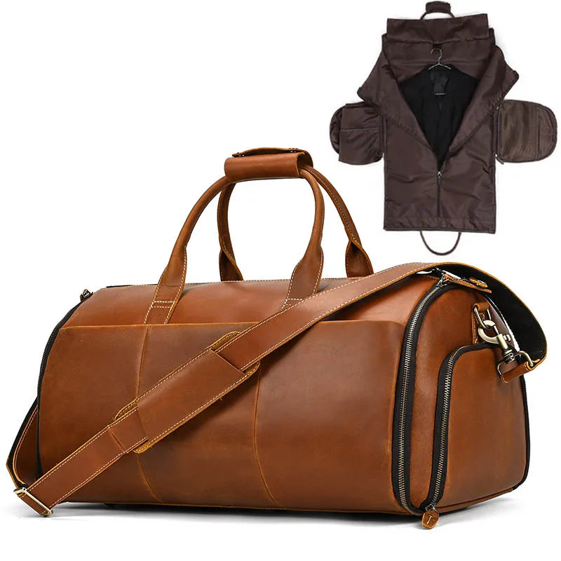 Luufan Herren Reisetasche aus Crazy Horse Leder – Faltbare Anzugtasche mit Schuhfach & Cowhide Duffel Bag