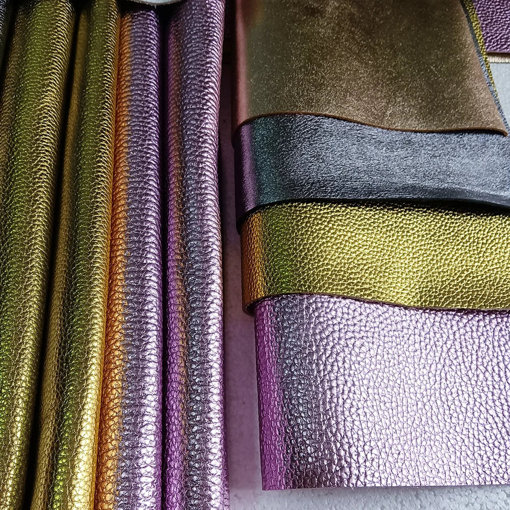 Echtleder Rindsleder Lychee-Prägung Gold & Silber – Weiches Top Layer Leder 1,1–1,4 mm für Sofa, Taschen & DIY