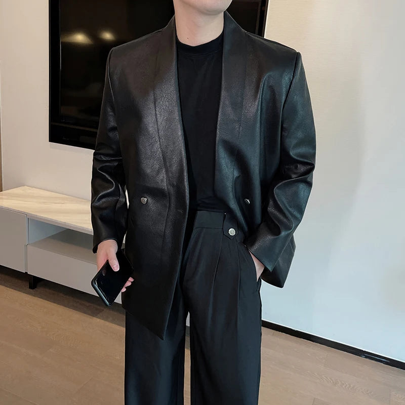 Herren PU Lederjacke Herbst/Winter – Lockerer Double-Breasted Lederblazer ohne Kragen im Casual Style