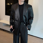 Herren PU Lederjacke Herbst/Winter – Lockerer Double-Breasted Lederblazer ohne Kragen im Casual Style