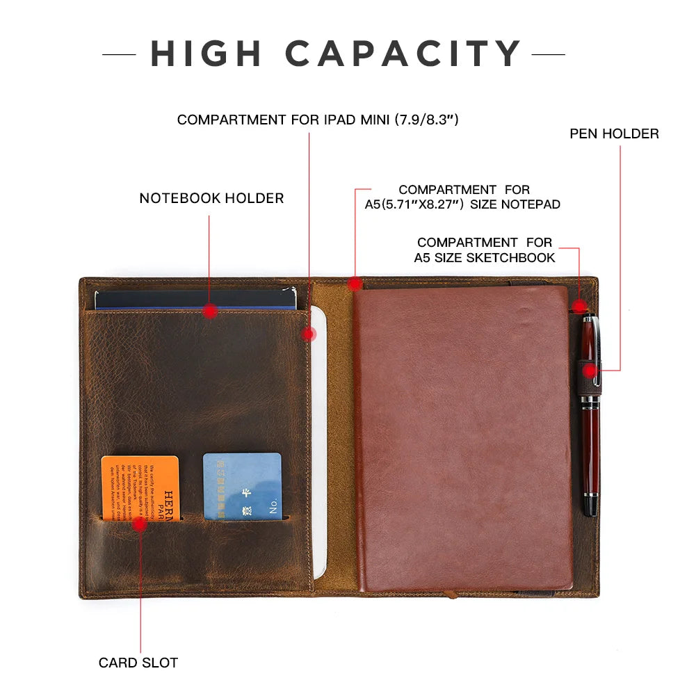 Portafolio de cuero A5 vintage de Crazy Horse Leder – Notebook &amp; iPad Mini Mappe para oficina, escuela y residencia 