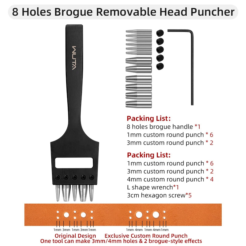 WUTA Austauschbare Brogue Lederlochstanze aus Edelstahl – Blumen- & Rundloch-Punch für Schuhe, Gürtel & Uhrenarmbänder