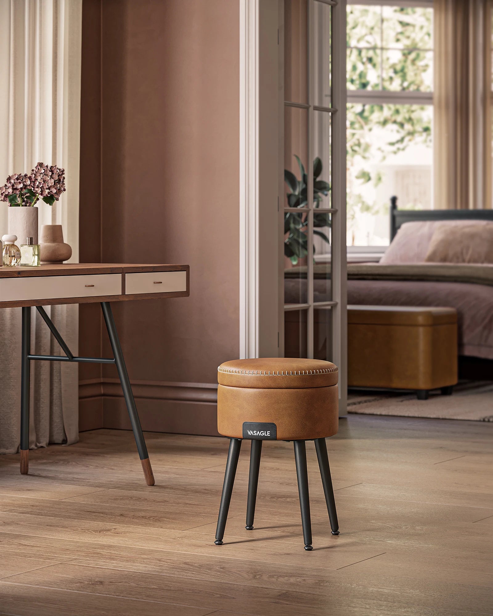 VASAGLE Sitzhocker mit Stauraum aus PU-Leder – Moderner Fußhocker & Schminkhocker bis 150 kg, EKHO Kollektion, Ink Black