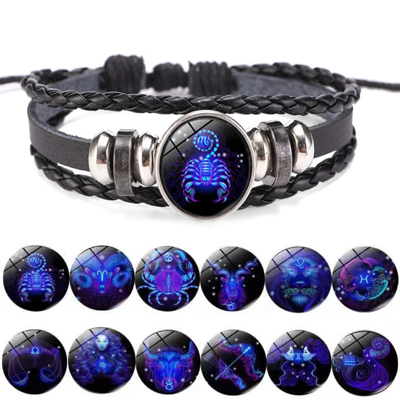 Zodiac Lederarmband mit Sternzeichen – Leuchtendes Vintage Multilayer Wickelarmband für Damen & Herren, 12 Sternzeichen Charm Armband