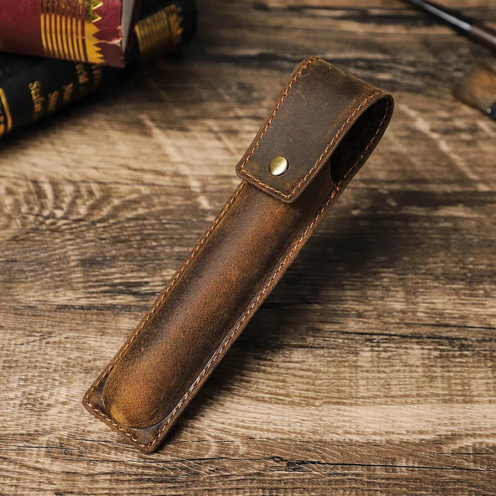 Handgefertigter Stiftehalter aus Rindsleder – Estuche para bolígrafos de cuero Crazy Horse para 1–3 Stifte, Lederetui retro para la escuela y la oficina 
