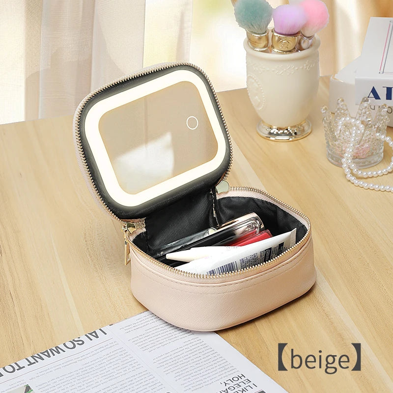 PU Leder Make-up Tasche mit LED-Spiegel – Portable Reise Kosmetiktasche mit Beleuchtung &amp; abnehmbarem Spiegel