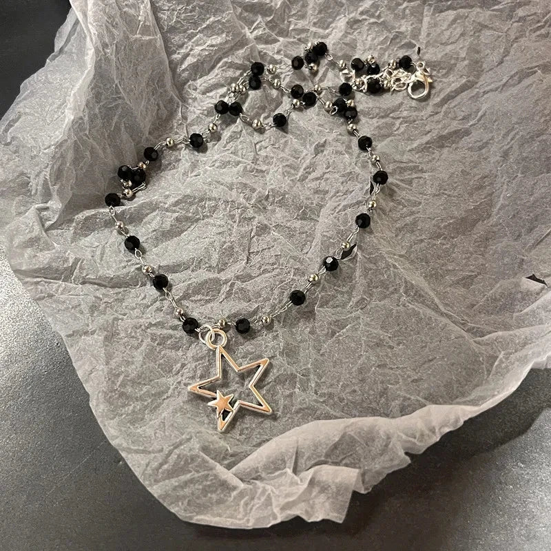 Vintage Lederkette mit Stern-Anhänger – Unisex Halskette im Antique-Silver-Look, Y2K Schmuck für Damen & Herren