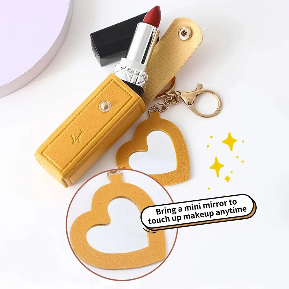 Tragbarer Lippenstifthalter aus PU-Leder mit herzförmigem Spiegel – Eleganter Schlüsselanhänger & Handtaschen-Accessoire für Damen & Mädchen