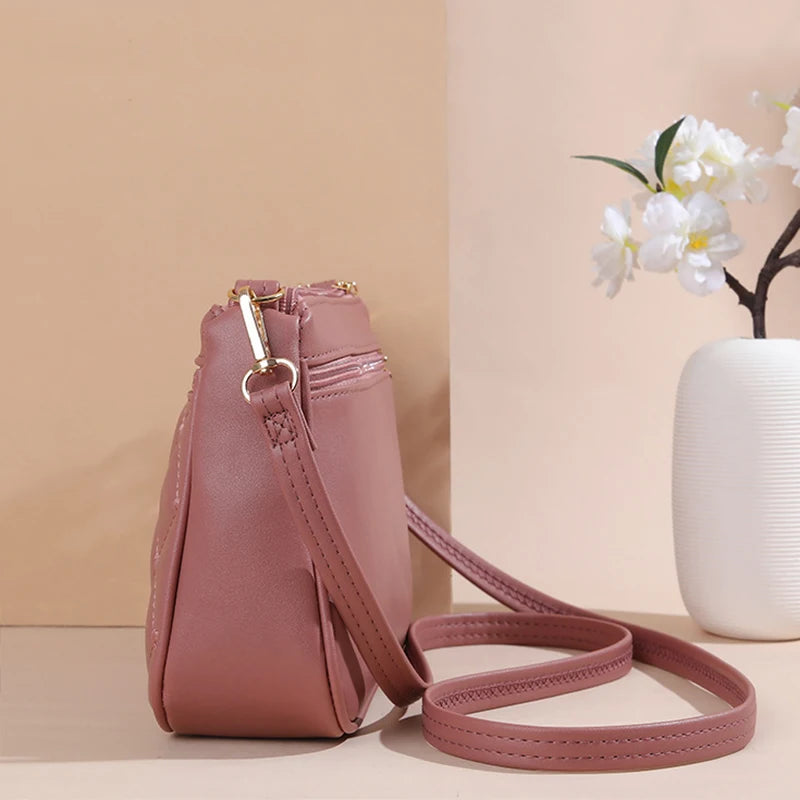 PU-Leder Crossbody Tasche für Damen – Modische Schultertasche mit Reißverschluss, Große Kapazität & Stickerei-Detail
