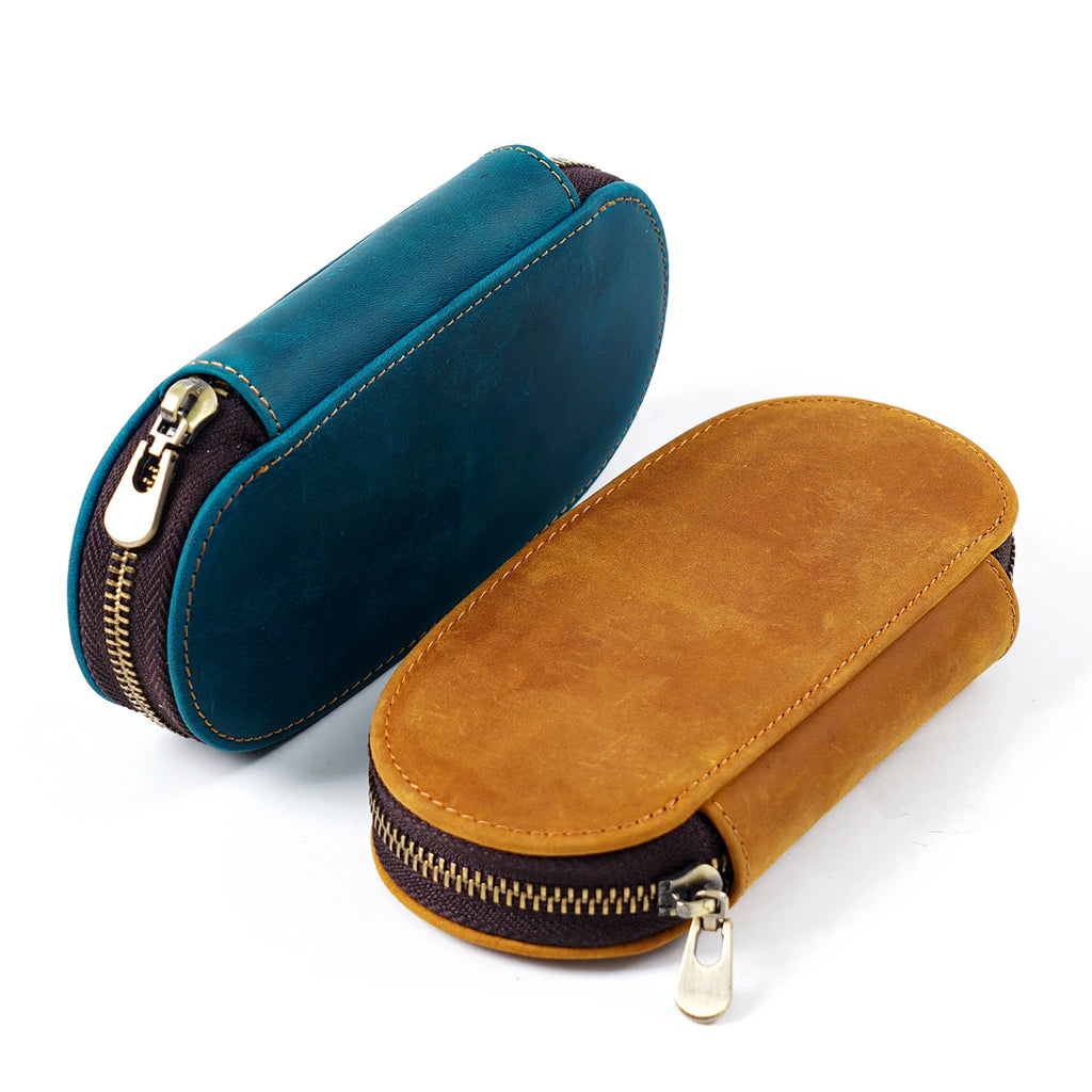 Vintage Crazy Horse Cuir Stifteetui 3er-Set – Ovales Pen Case mit Reißverschluss für Füllfederhalter &amp; Schreibgeräte