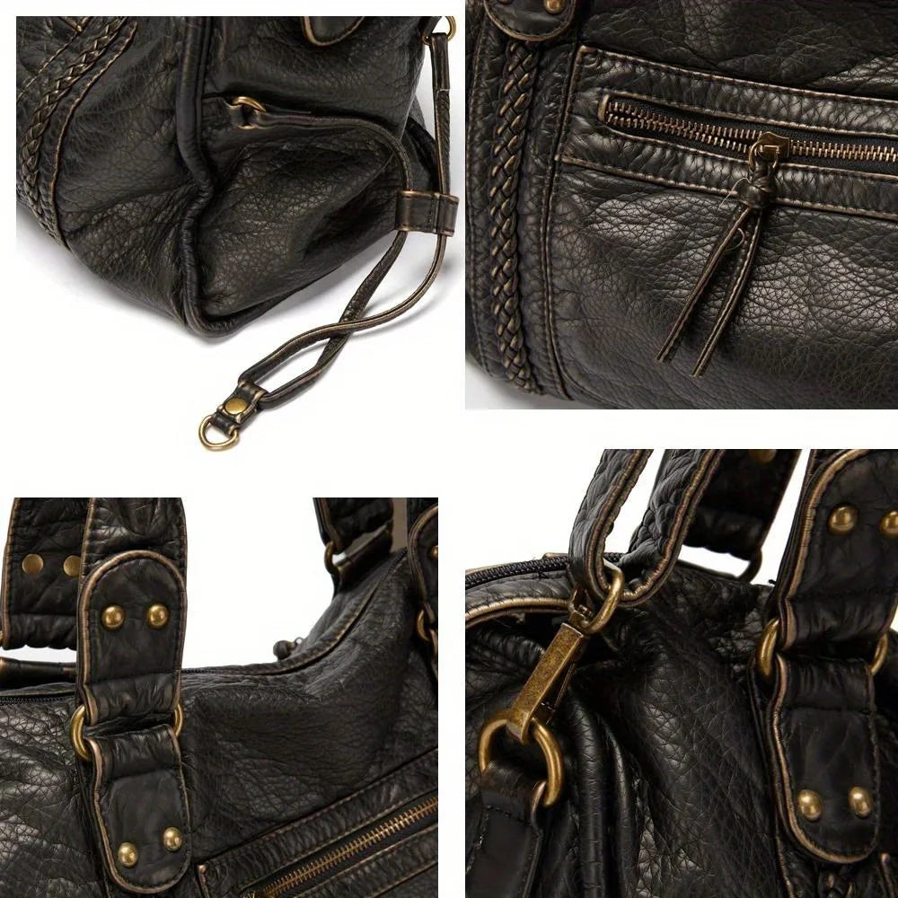 Bolso retro de cuero PU para estudiantes y mensajeros – Bolso grande Y2K para motocicletas y etiquetas