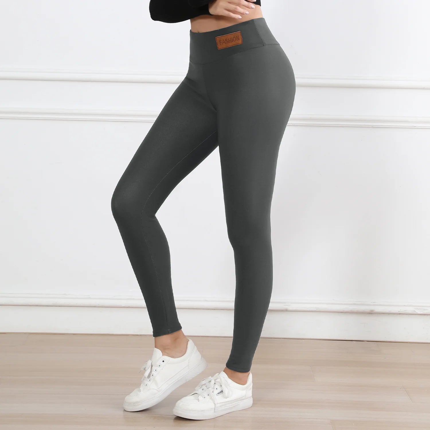 Damen Winter Lederlabel Samt-Leggings High Waist – Warme Skinny Stretch Leggings mit Velour-Futter