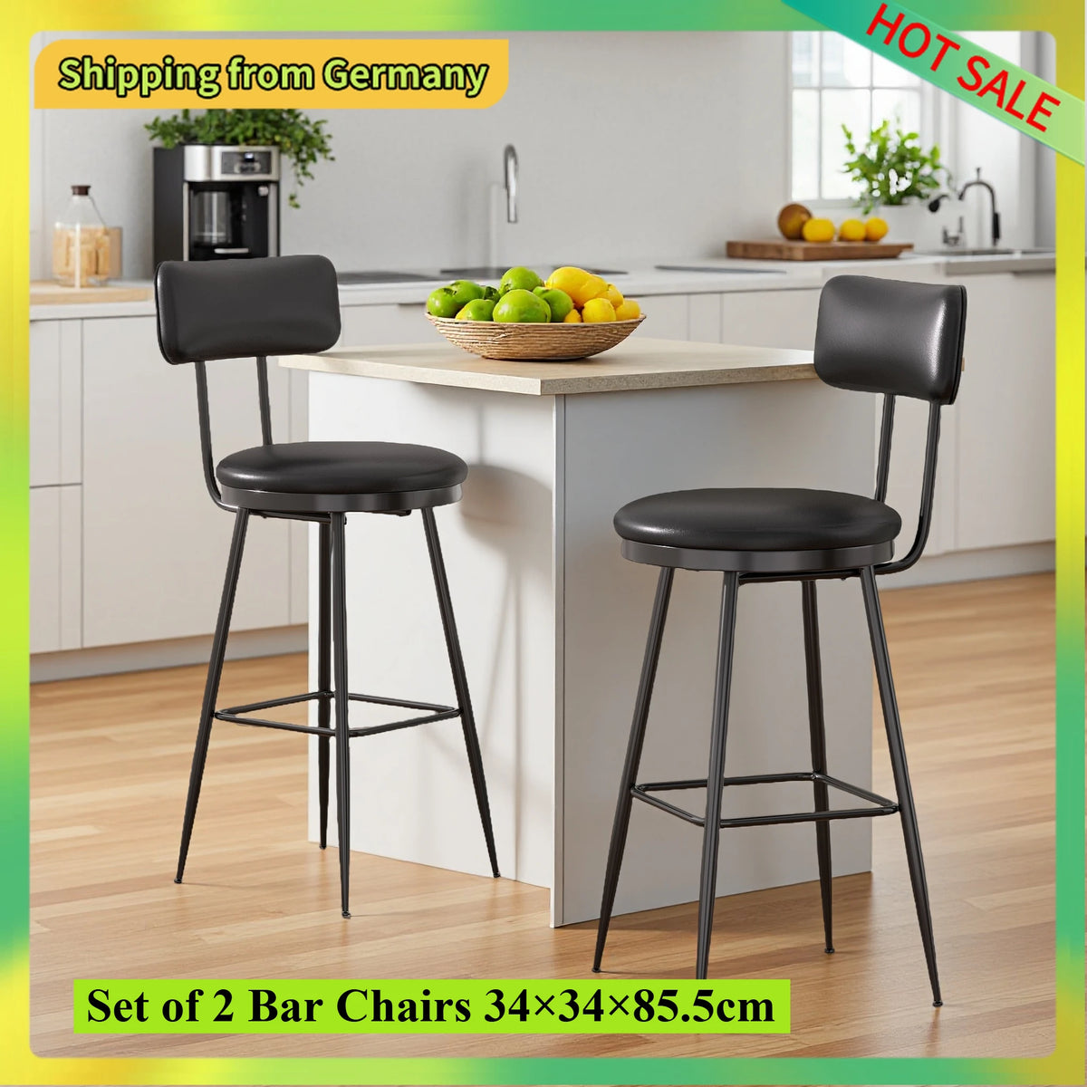 Comanlai Barstühle 2er Set – Hohe Barhocker mit Rückenlehne aus PU-Leder, moderne Küchen- & Barstühle mit Metallbeinen in Schwarz