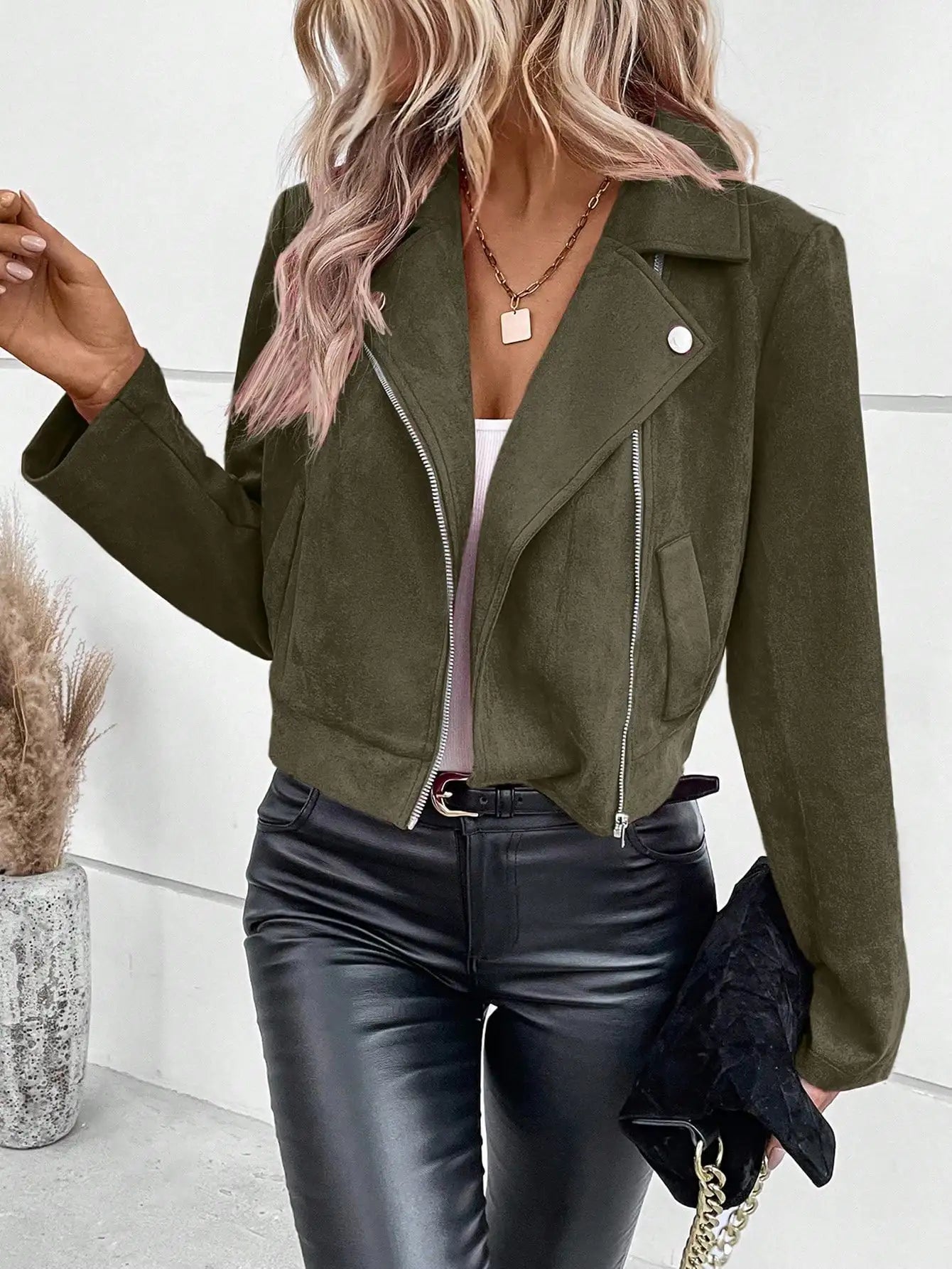 Damen Faux Suede Bikerjacke – Winddichte Motorradjacke mit Reißverschluss, Reverskragen & High-Street Style