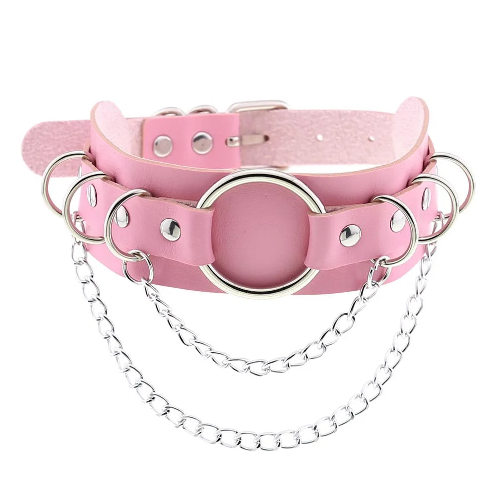 Punk Choker Halskette aus Leder & Spitze – Pinke Gothic Halskette mit Herz- & Kreis-Anhänger im Harajuku Style