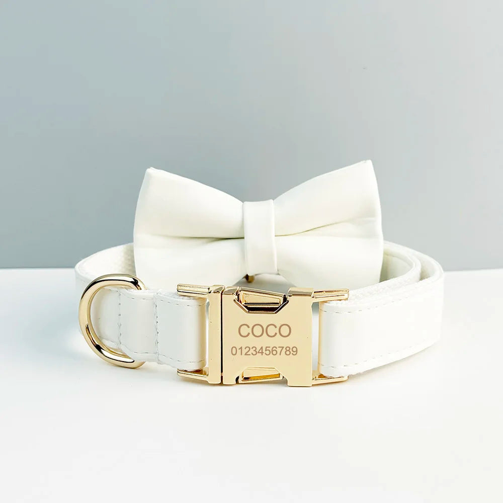 Weißes Leder-Halsband & Leinen-Set für Hunde – Personalisiert mit Gravurplatte