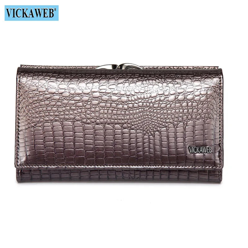VICKAWEB Damen Geldbörse aus echtem Leder – Kleine Fashion Wallet mit Alligator-Prägung, Reißverschluss &amp; Druckknopf