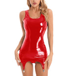 Wetlook PU-Leder Tank Bodycon Kleid für Damen – Mini vestido de látex con aspecto de látex con clips metálicos, figuras para club y fiesta 