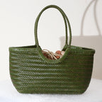 Damen Schultertasche aus echtem Leder – Handgeflochtene Vintage Tote Bag aus Rindsleder, große Shoppingtasche