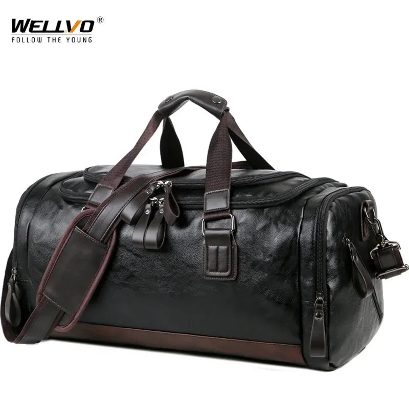 Wellvo Herren Reisetasche aus PU Leder – Grand sac de sport comme bagage à main, sac de voyage décontracté et sac de sport avec une viel Stauraum 