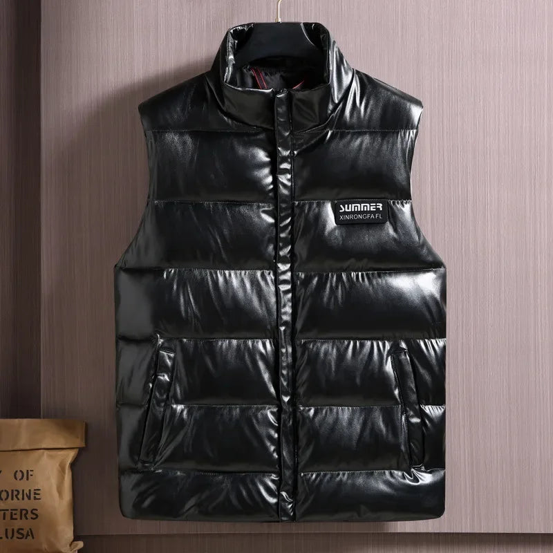 Herren Winter Weste in Übergröße bis 5XL – Ärmellose PU-Lederoptik Weste mit Reißverschluss, Warm & Wasserabweisend für Arbeit & Alltag