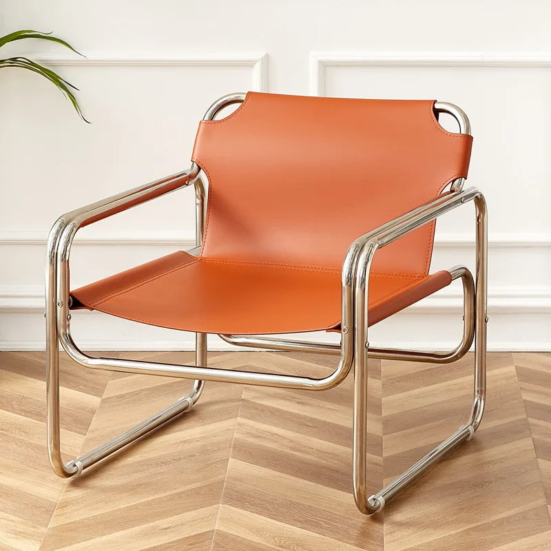 Bauhaus Designer Einzelsessel aus Edelstahl & Sattelleder – Moderner Luxus Leisure- & Relaxstuhl im nordischen Stil