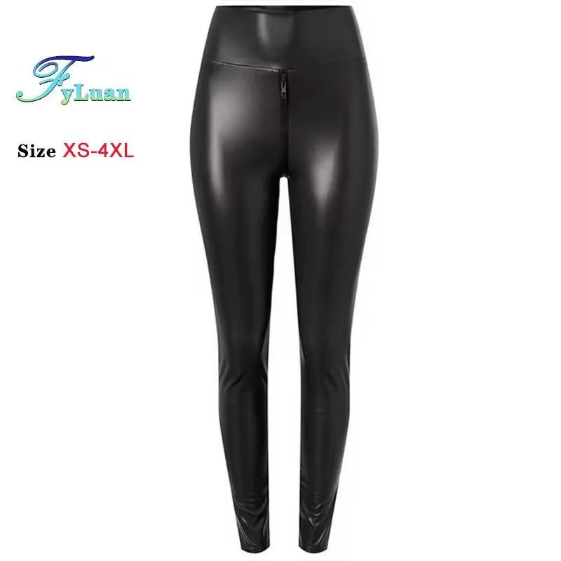 Dames PU Lederleggings Taille Haute – Mat Push-Up Leggings mit Doppelreißverschluss, Stretch &amp; Knöchellänge 