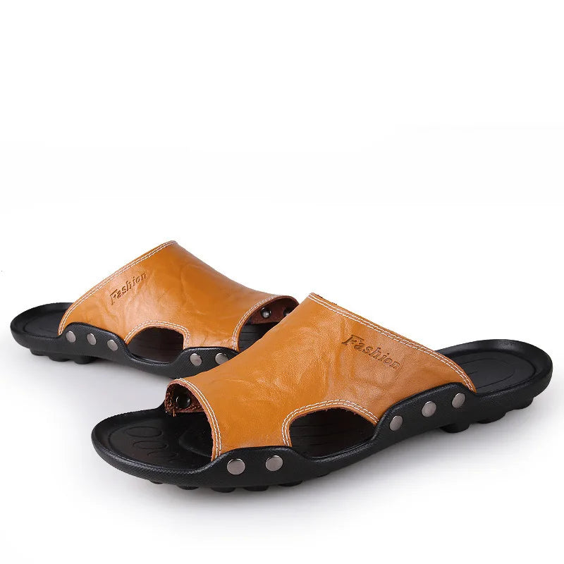 doefhom Herren Lederslipper 2025 – Sommerliche Casual Slides aus echtem Rindsleder, Strand- und Straßenschuhe, Größen für große Füße
