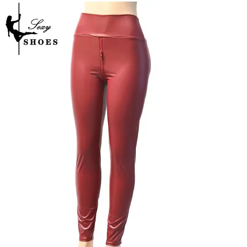 Dames PU Lederleggings Taille Haute – Mat Push-Up Leggings mit Doppelreißverschluss, Stretch &amp; Knöchellänge 