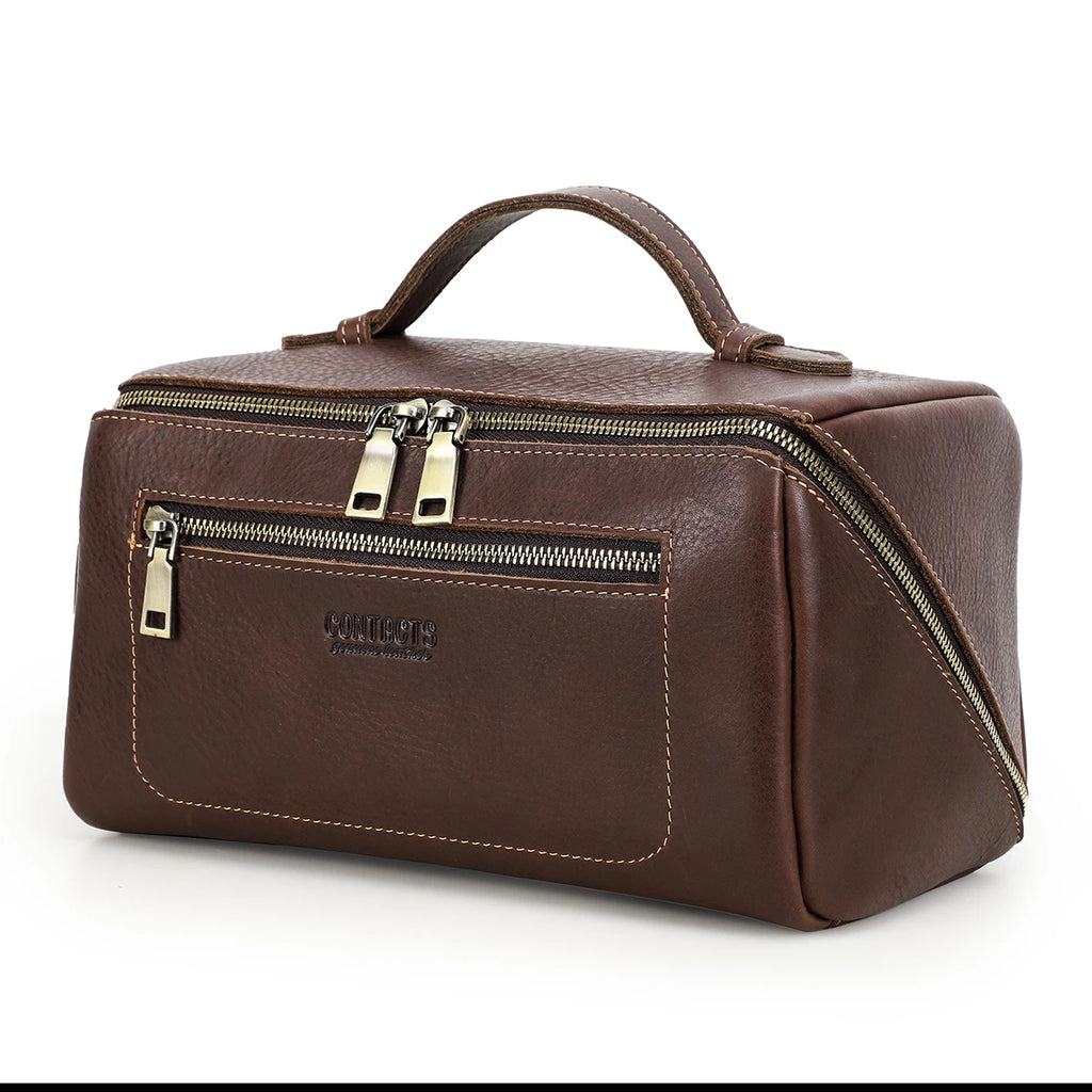 CONTACT'S Herren Kulturbeutel aus echtem Leder – Hochwertige Wash- &amp; Kosmetiktasche mit großer Kapazität