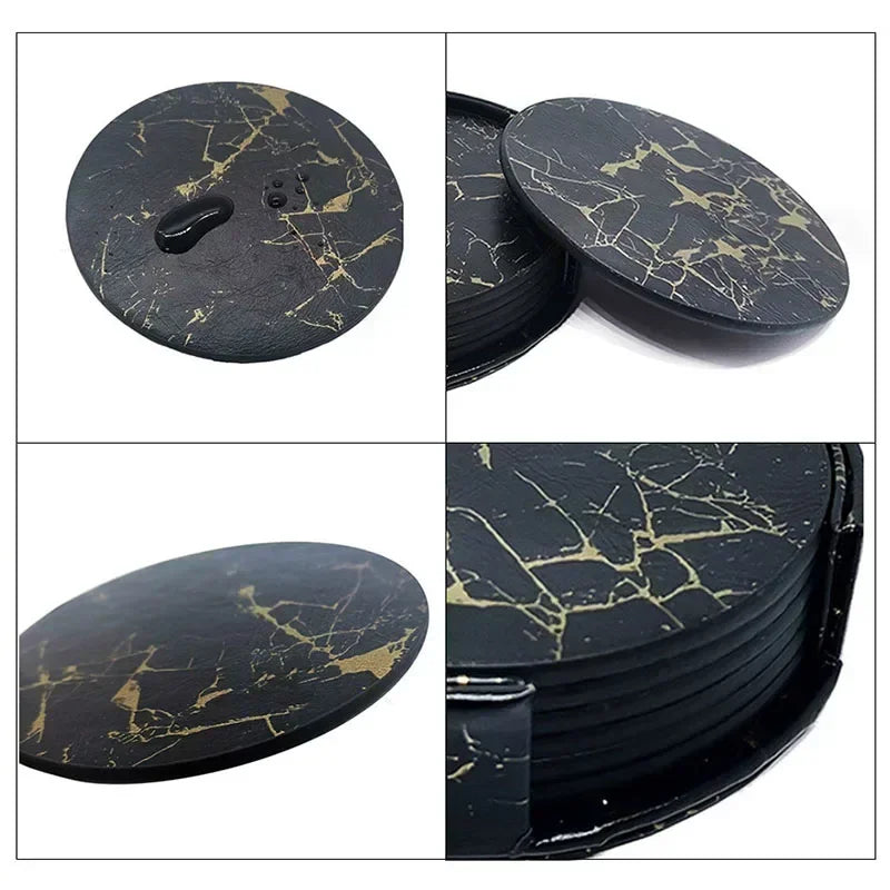 6er Set hitzebeständige PU Leder Untersetzer in Marmor-Optik – Runde Kaffee- & Teeunterlagen in Schwarz/Weiß, pflegeleicht & modern