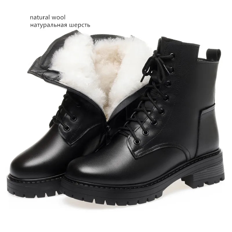 Bottes de neige d'hiver pour femmes en cuir véritable – Bottines chaudes et rutschfeste avec Kunstfellfutter, Blockabsatz &amp; Reißverschluss, Größen 35–43 