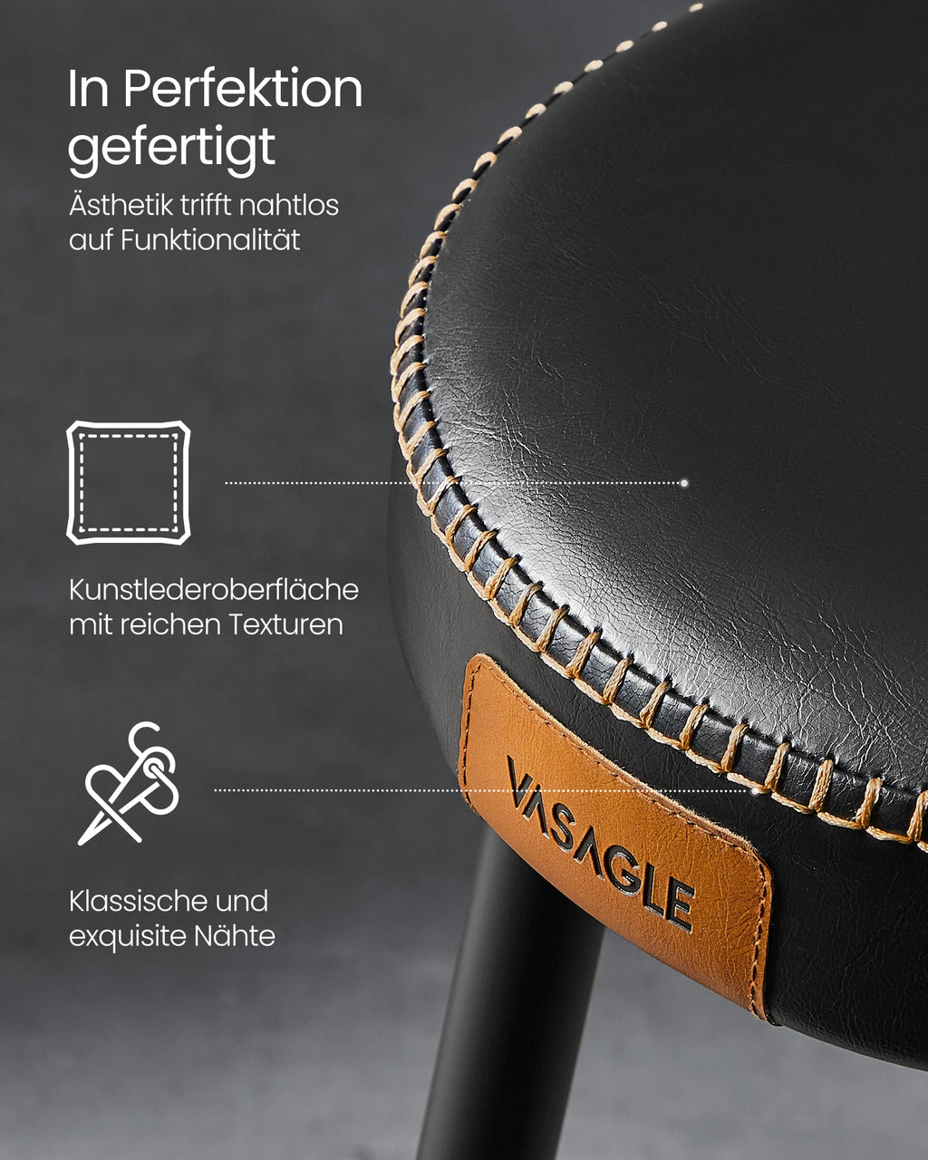 VASAGLE Esszimmerstuhl EKHO Serie – Sitzhocker aus Kunstleder, 48,2 cm Sitzhöhe, Ink Black, modern & platzsparend